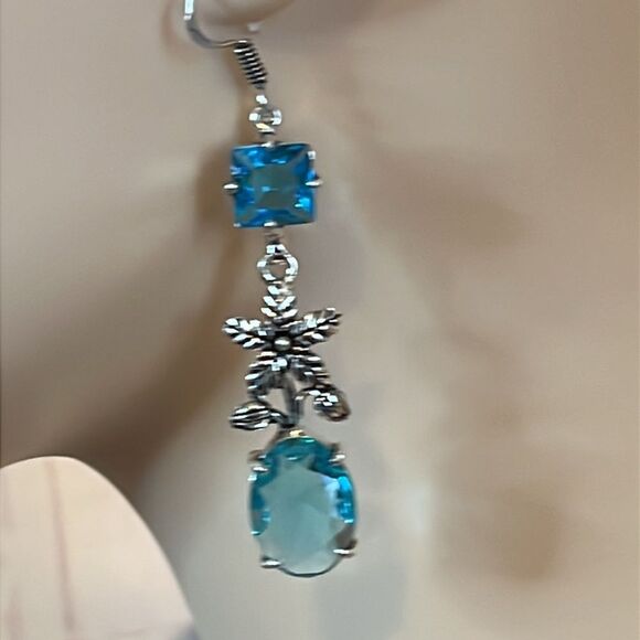NWT NATURAL SWISS BLUE TOPAZ FLORAL DANGLE EARRINGS 925 STERLING SILVER 2.1” - Picture 3 of 8